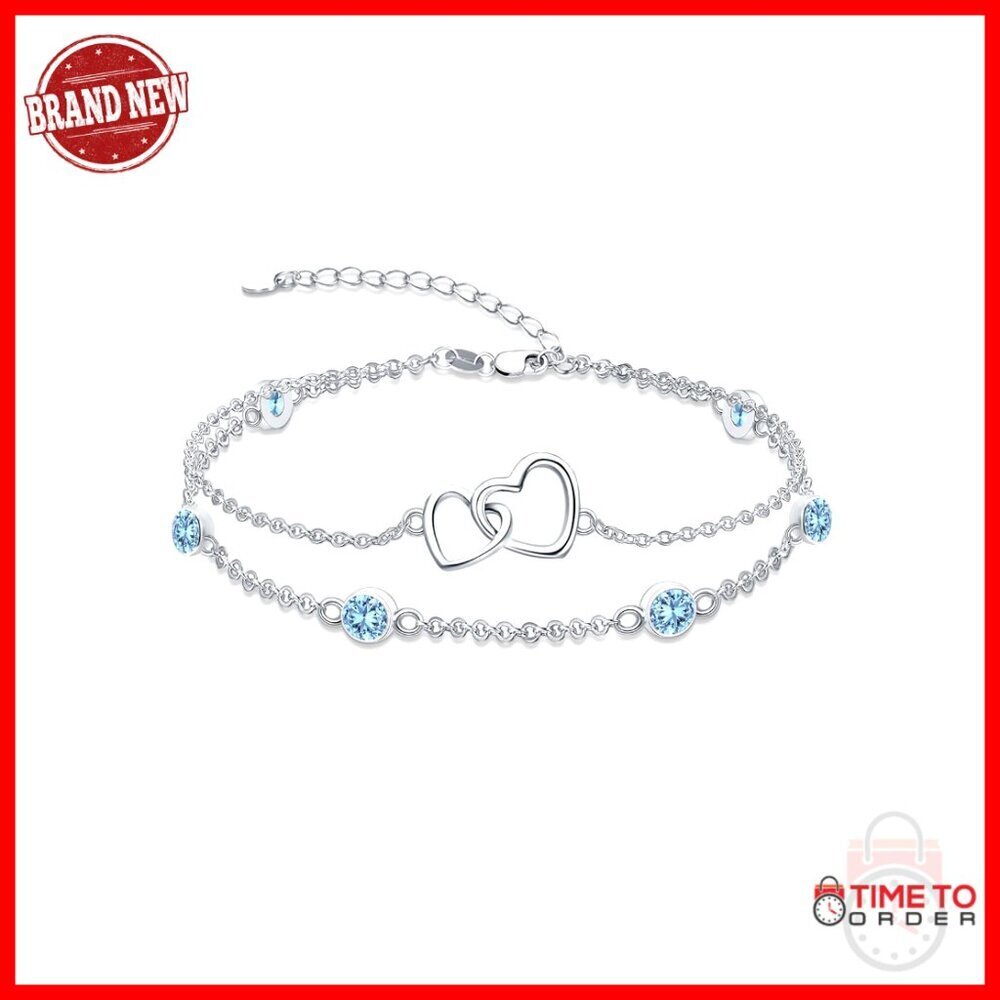 925 Sterling Silver Heart Birthstone Anklet Adjustable 7+2 Inches